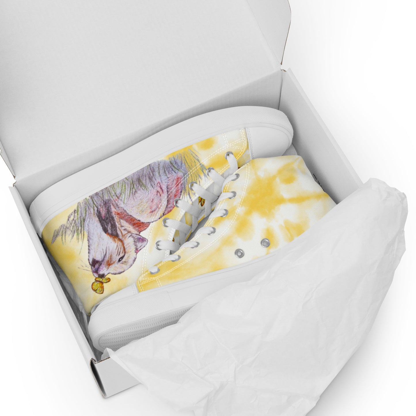 Women’s high top canvas shoes - custom hand drawn fox & butterfly design - yellow