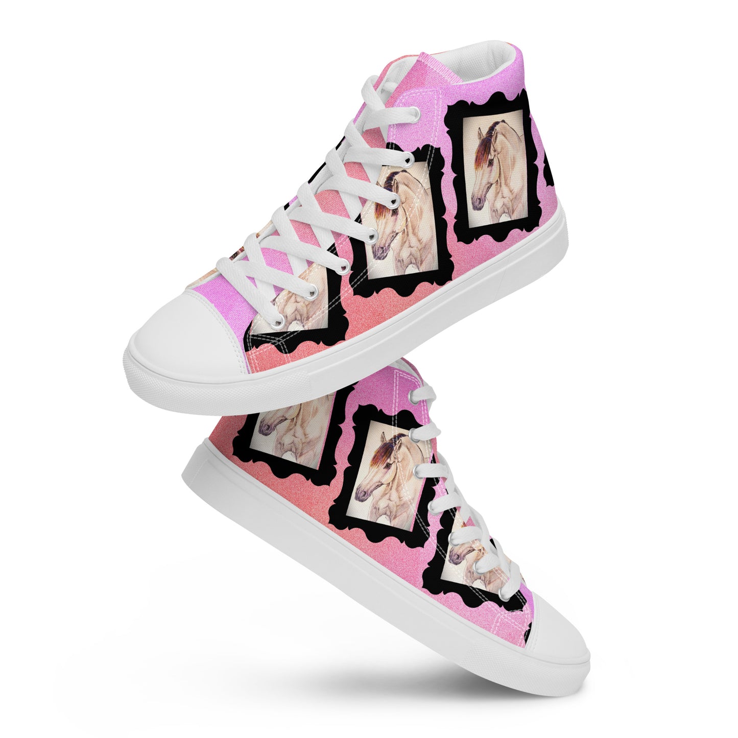 Women’s high top canvas shoes - custom original hand drawn buckskin horse design sneakers - pink