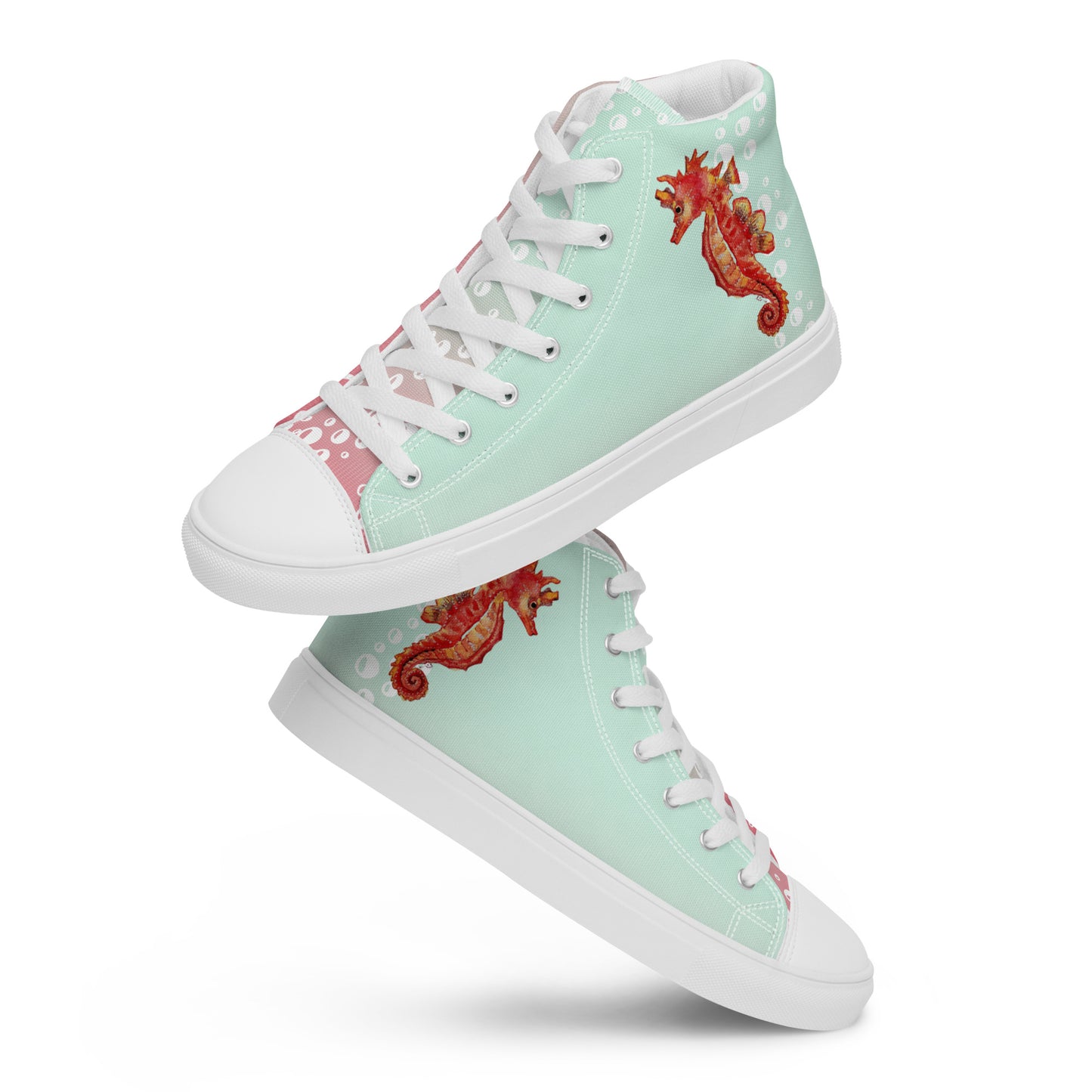 Women’s high top canvas shoes - hand painted watercolor seahorse designed sneakers - green/pink