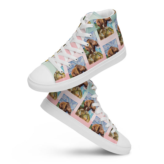 Women’s high top canvas shoes - watercolor painted grizzly bear design womens sneakers - pink/multi