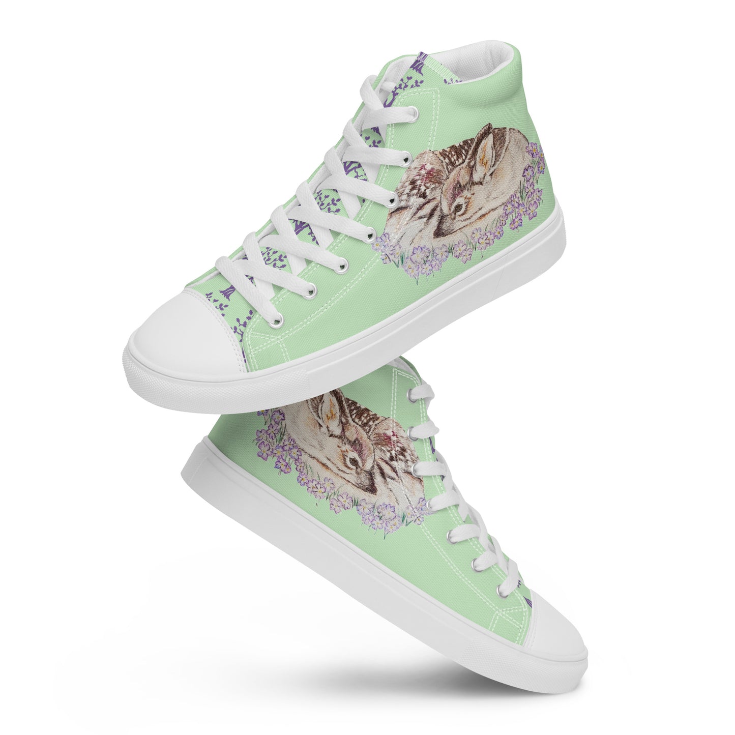 Women’s high top canvas shoes - hand drawn fawn design sneakers - green