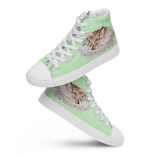 Women’s high top canvas shoes - hand drawn fawn design sneakers - green