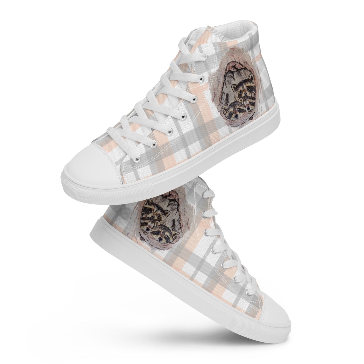 Women’s high top canvas shoes - custom hand drawn raccoon designed sneakers - plaid