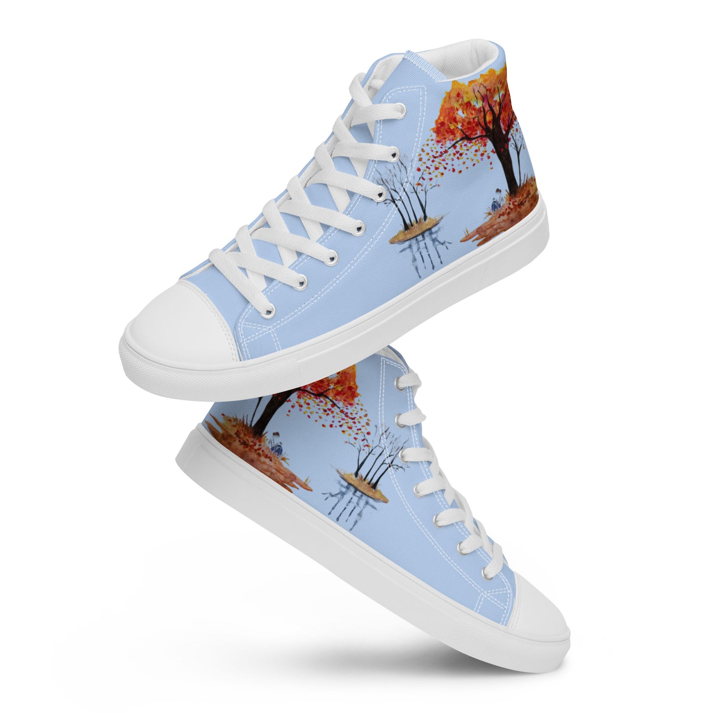 Women’s canvas shoes - watercolor autumn lake and reading girl designed high tops - blue