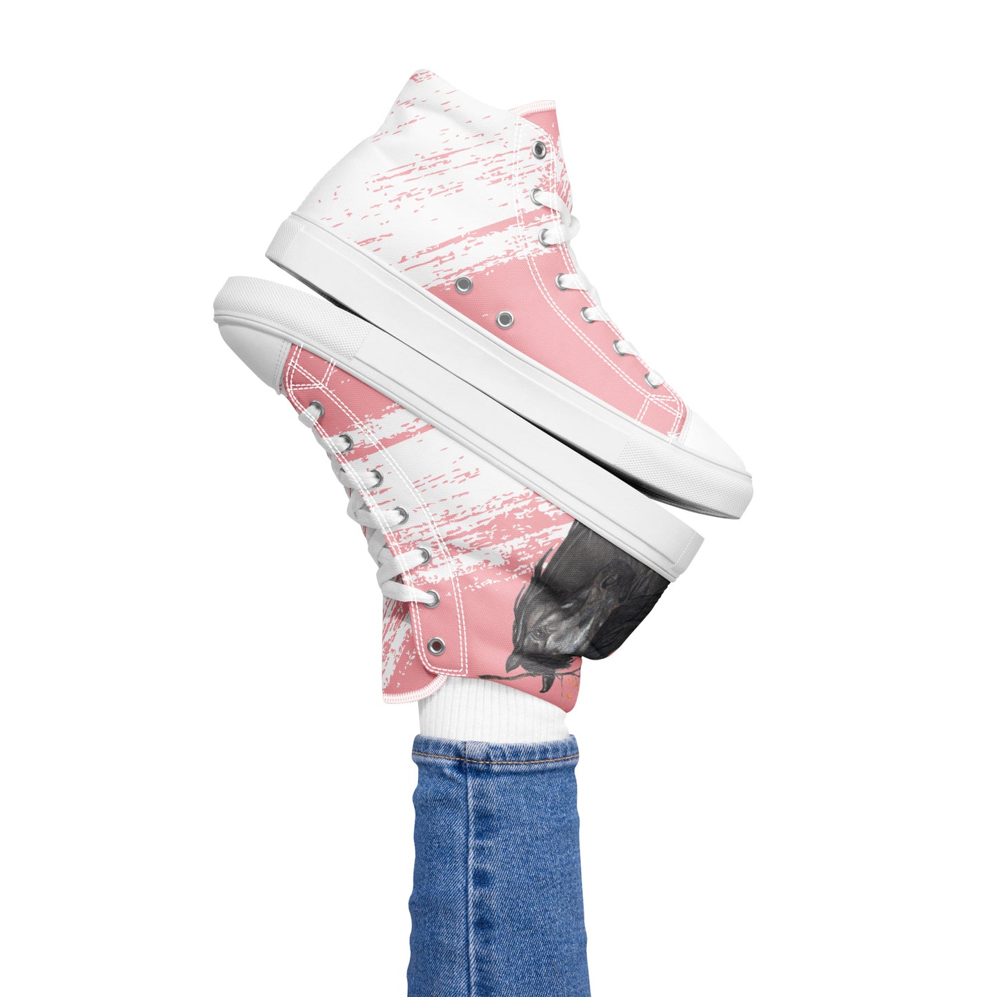 Women’s Horse High Top Canvas Shoes - Original hand-drawn Black Horse design lace up canvas sneakers - Pink