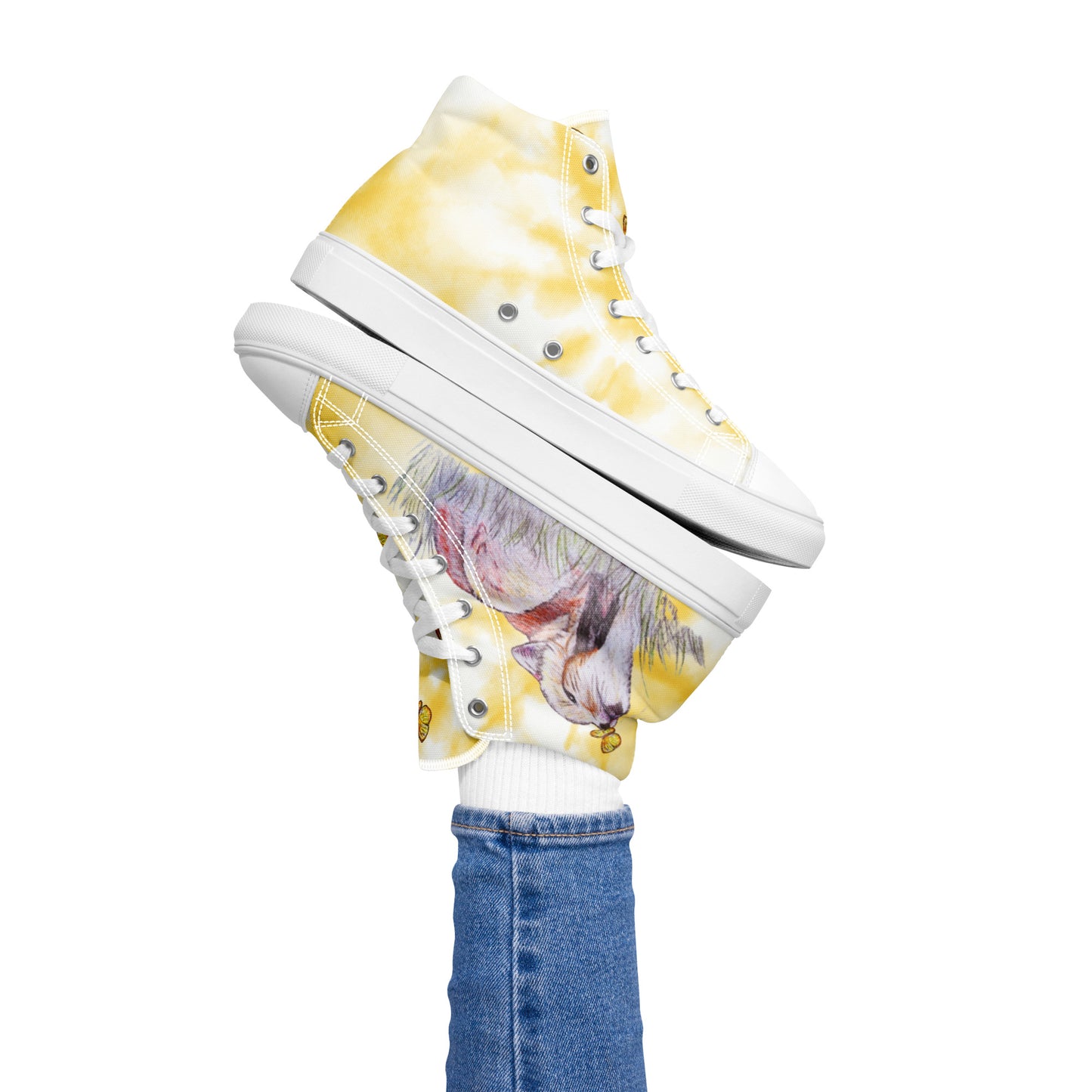 Women’s high top canvas shoes - custom hand drawn fox & butterfly design - yellow