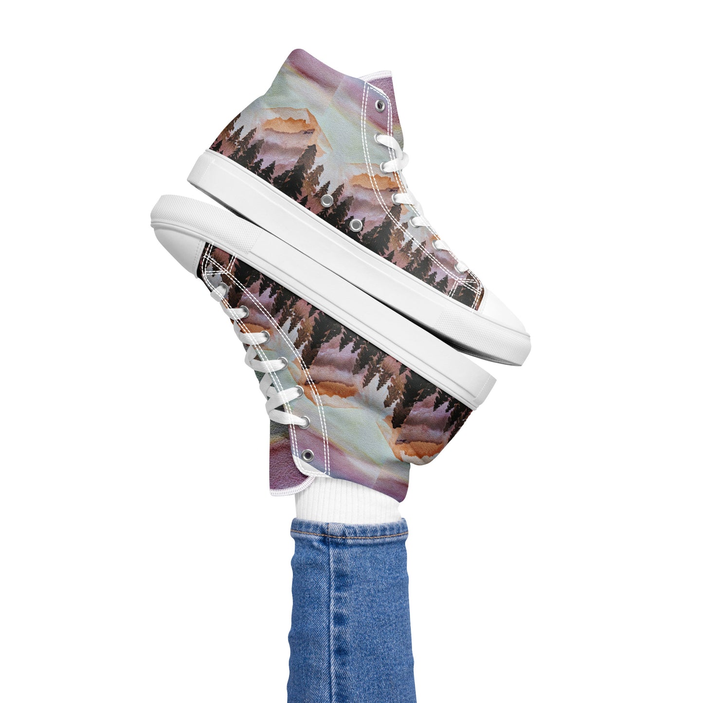 Women’s high top canvas shoes - custom watercolor printed scene sneakers - multi