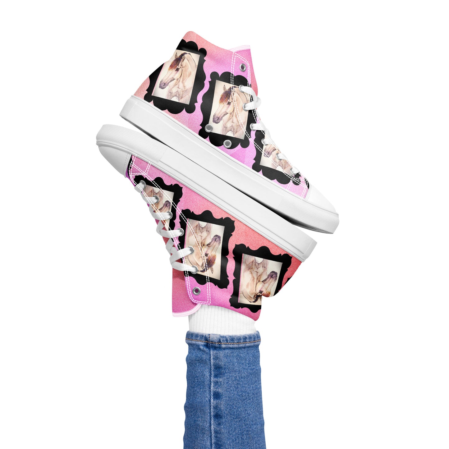 Women’s high top canvas shoes - custom original hand drawn buckskin horse design sneakers - pink