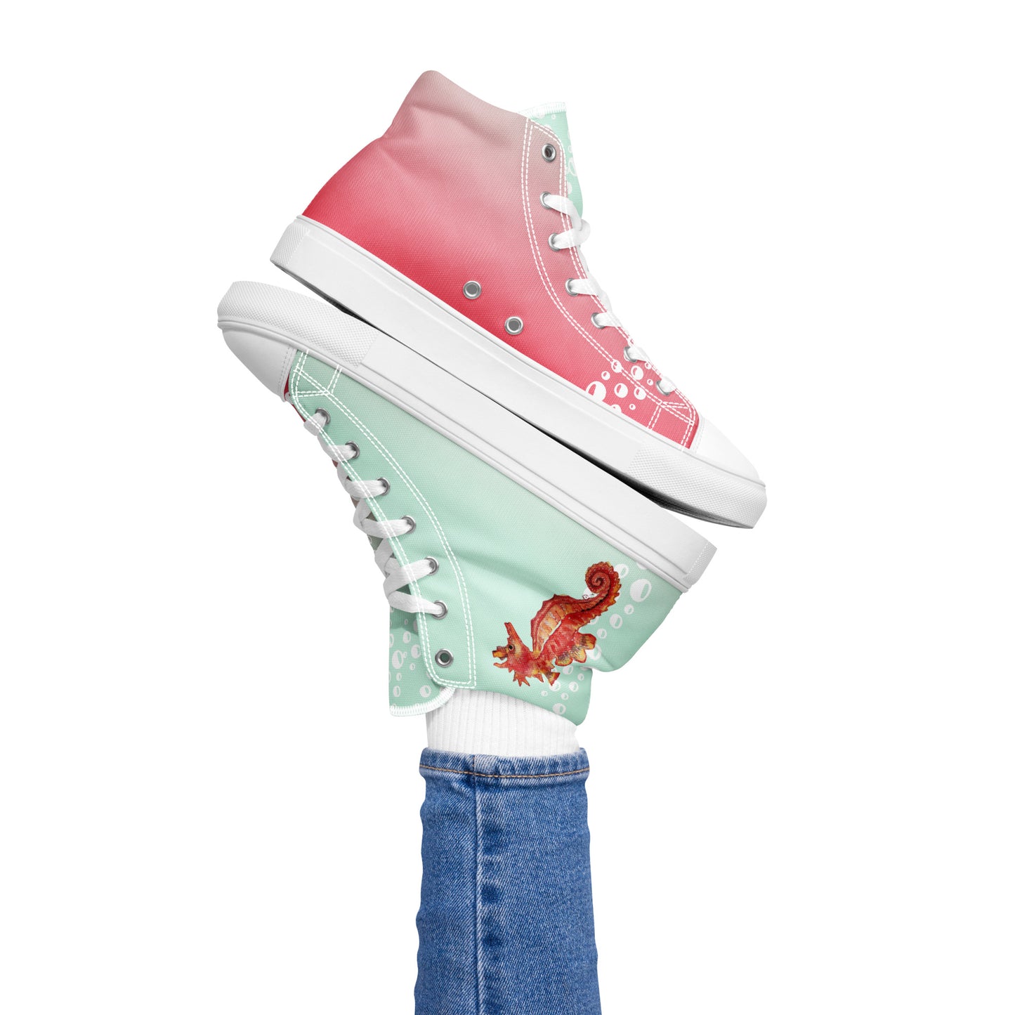 Women’s high top canvas shoes - hand painted watercolor seahorse designed sneakers - green/pink