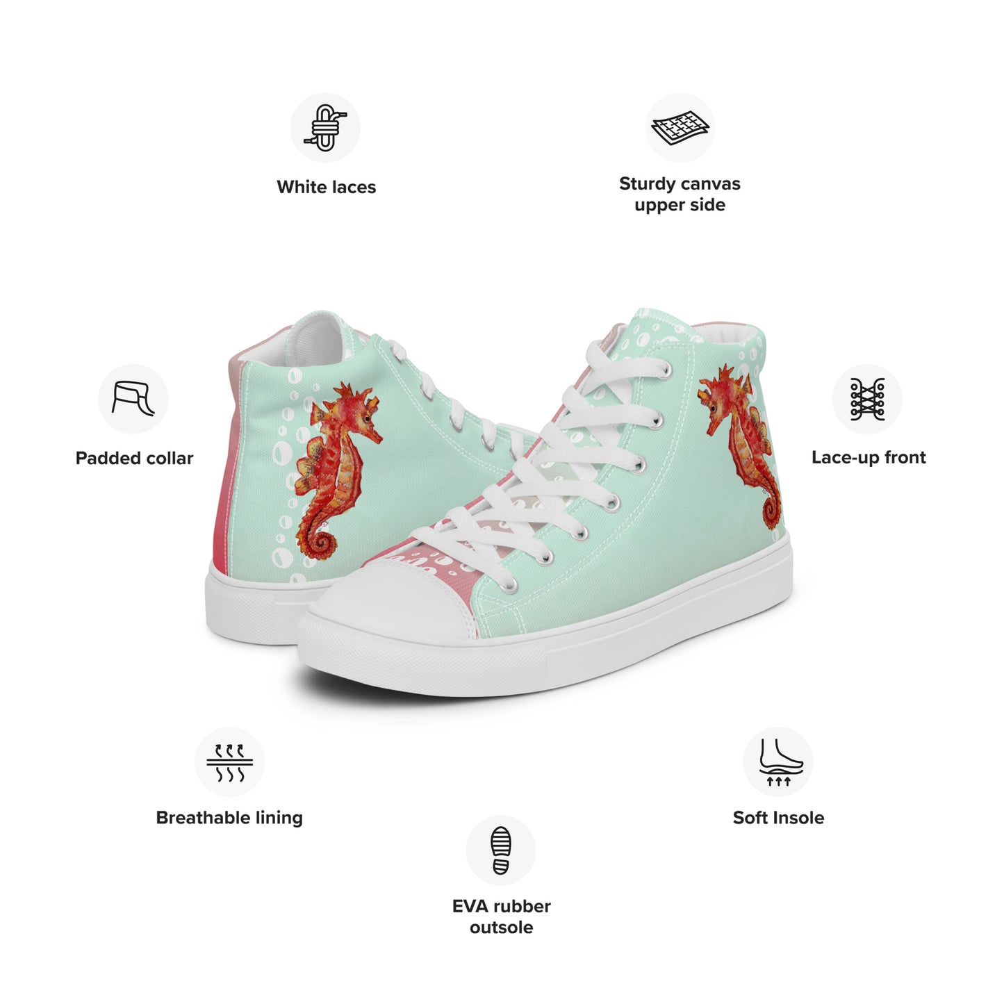 Women’s high top canvas shoes - hand painted watercolor seahorse designed sneakers - green/pink