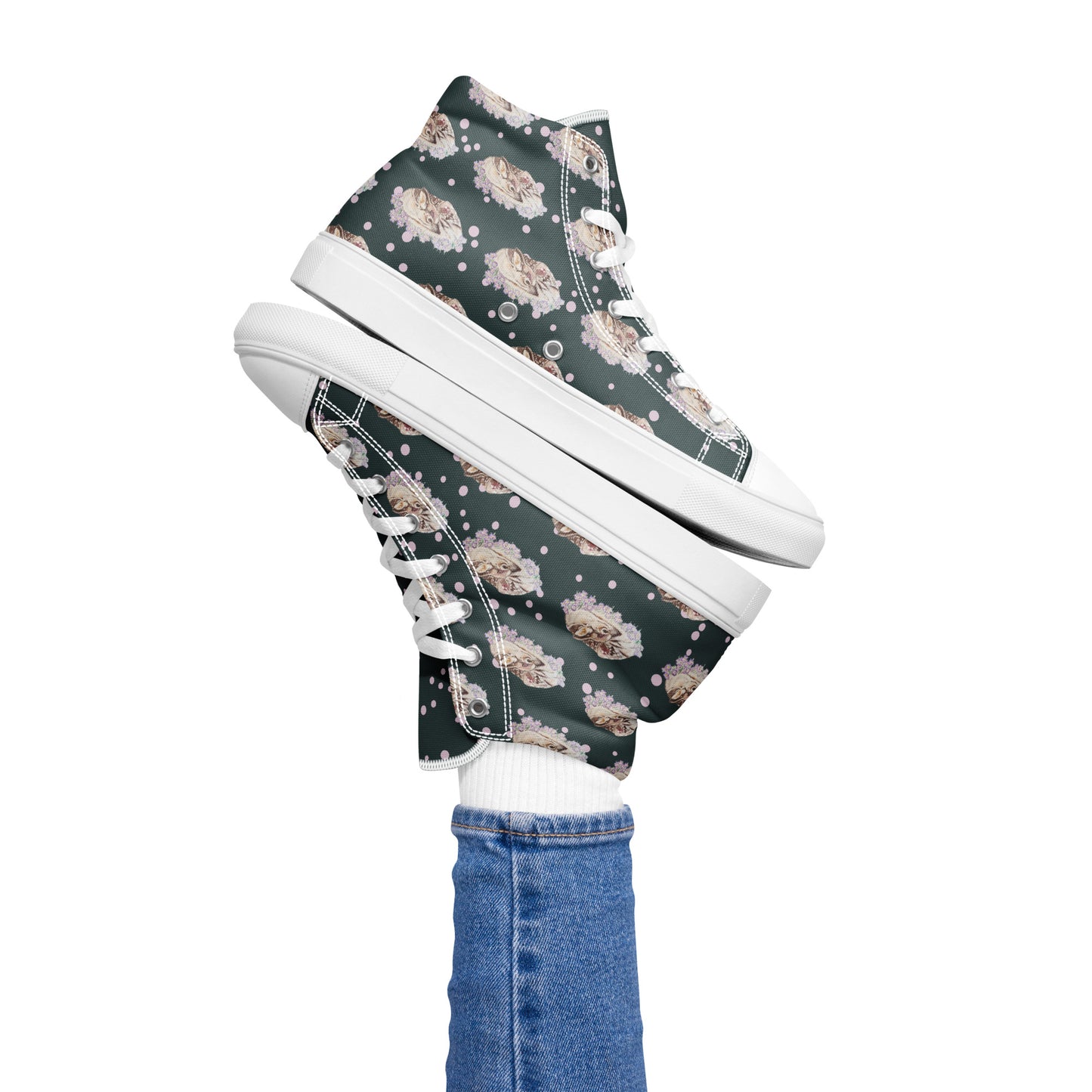 Women’s high top canvas shoes - hand drawn fawn all over print - dark blue green