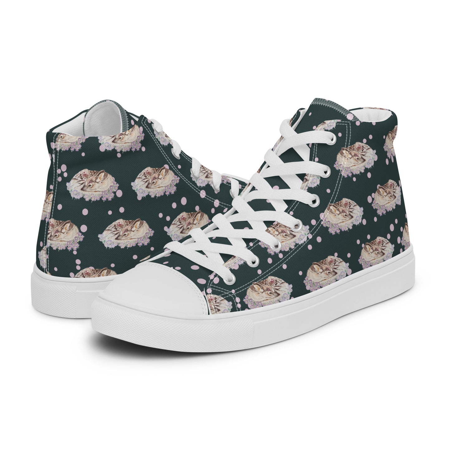 Women’s high top canvas shoes - hand drawn fawn all over print - dark blue green