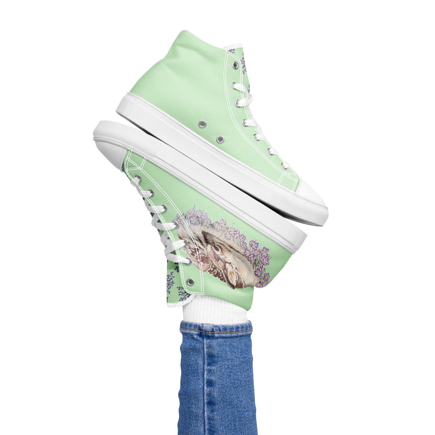 Women’s high top canvas shoes - hand drawn fawn design sneakers - green