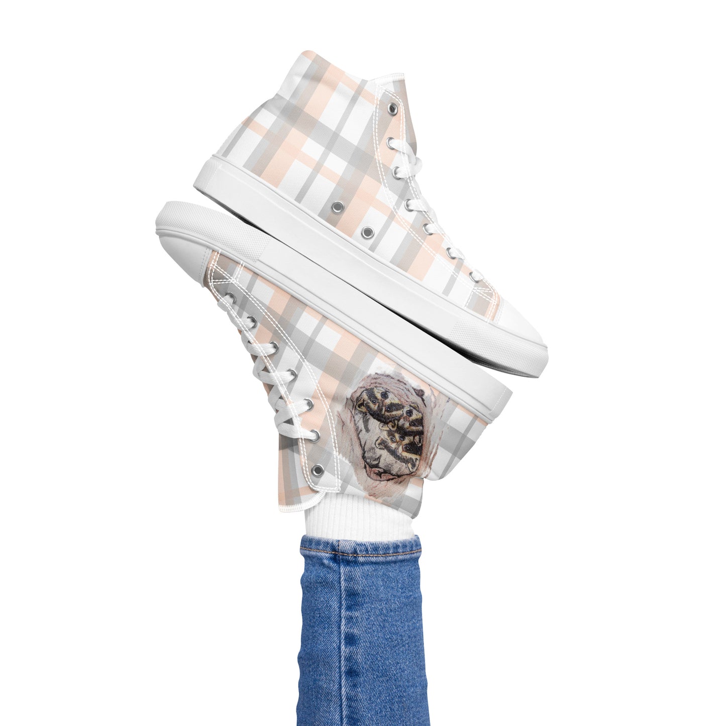 Women’s high top canvas shoes - custom hand drawn raccoon designed sneakers - plaid