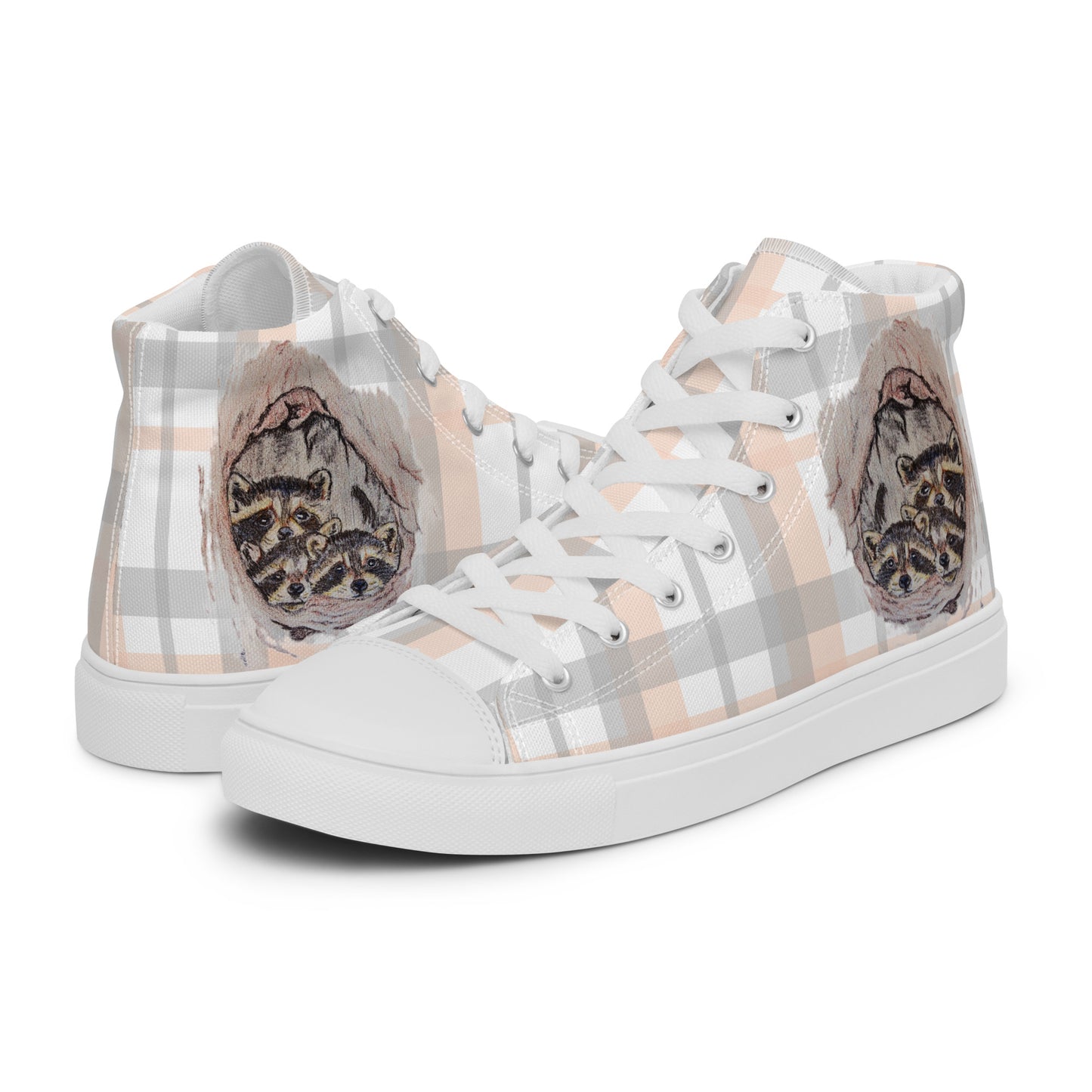 Women’s high top canvas shoes - custom hand drawn raccoon designed sneakers - plaid