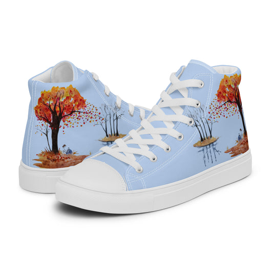 Women’s canvas shoes - watercolor autumn lake and reading girl designed high tops - blue