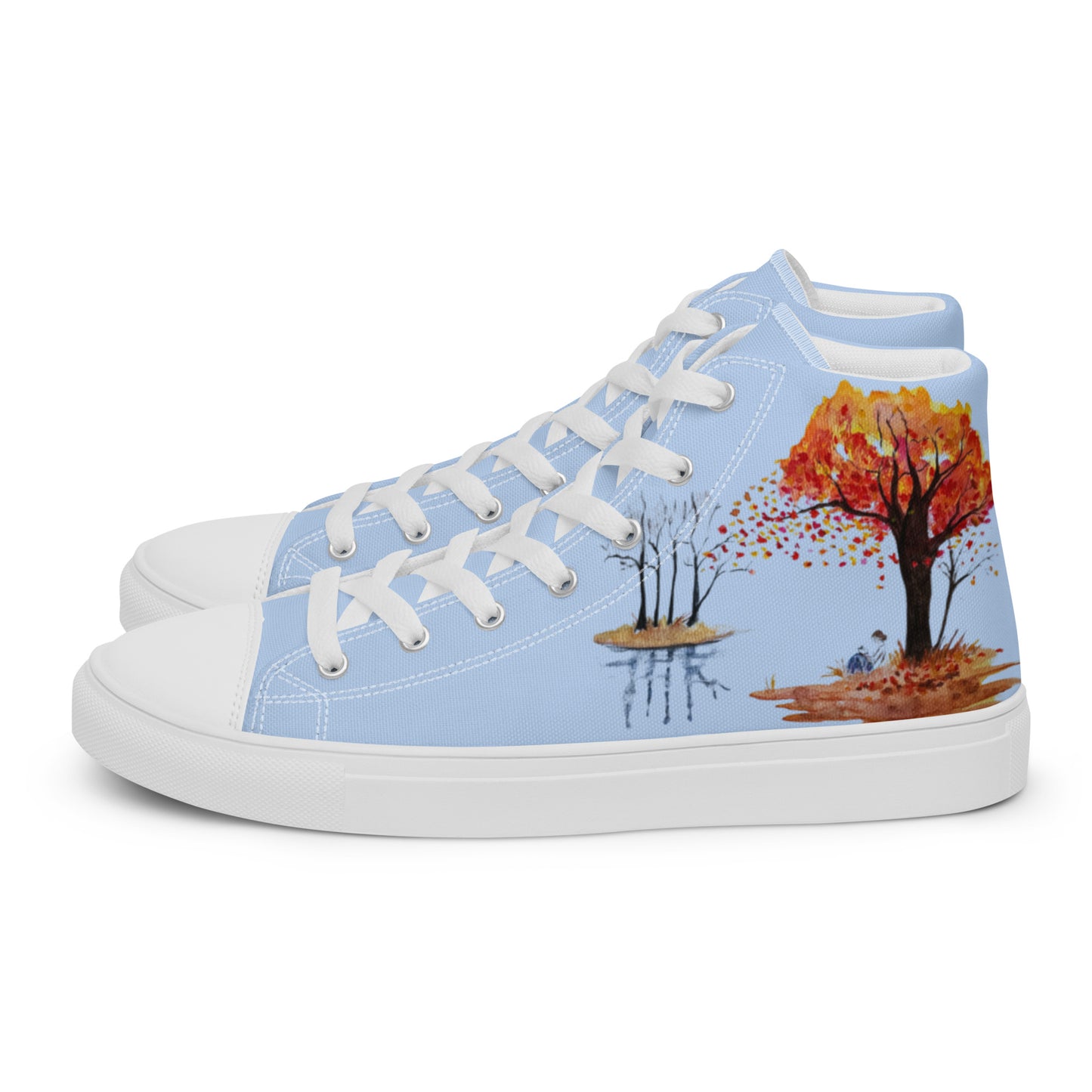 Women’s canvas shoes - watercolor autumn lake and reading girl designed high tops - blue