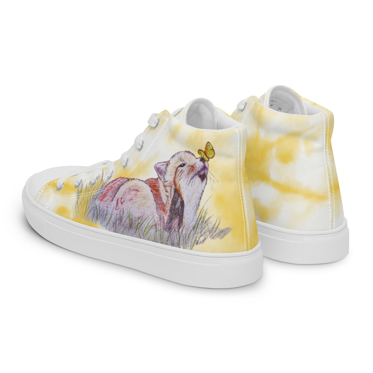 Women’s high top canvas shoes - custom hand drawn fox & butterfly design - yellow