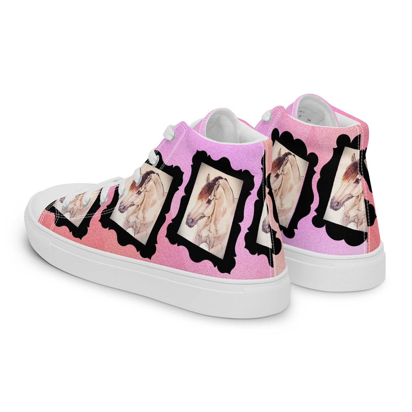 Women’s high top canvas shoes - custom original hand drawn buckskin horse design sneakers - pink