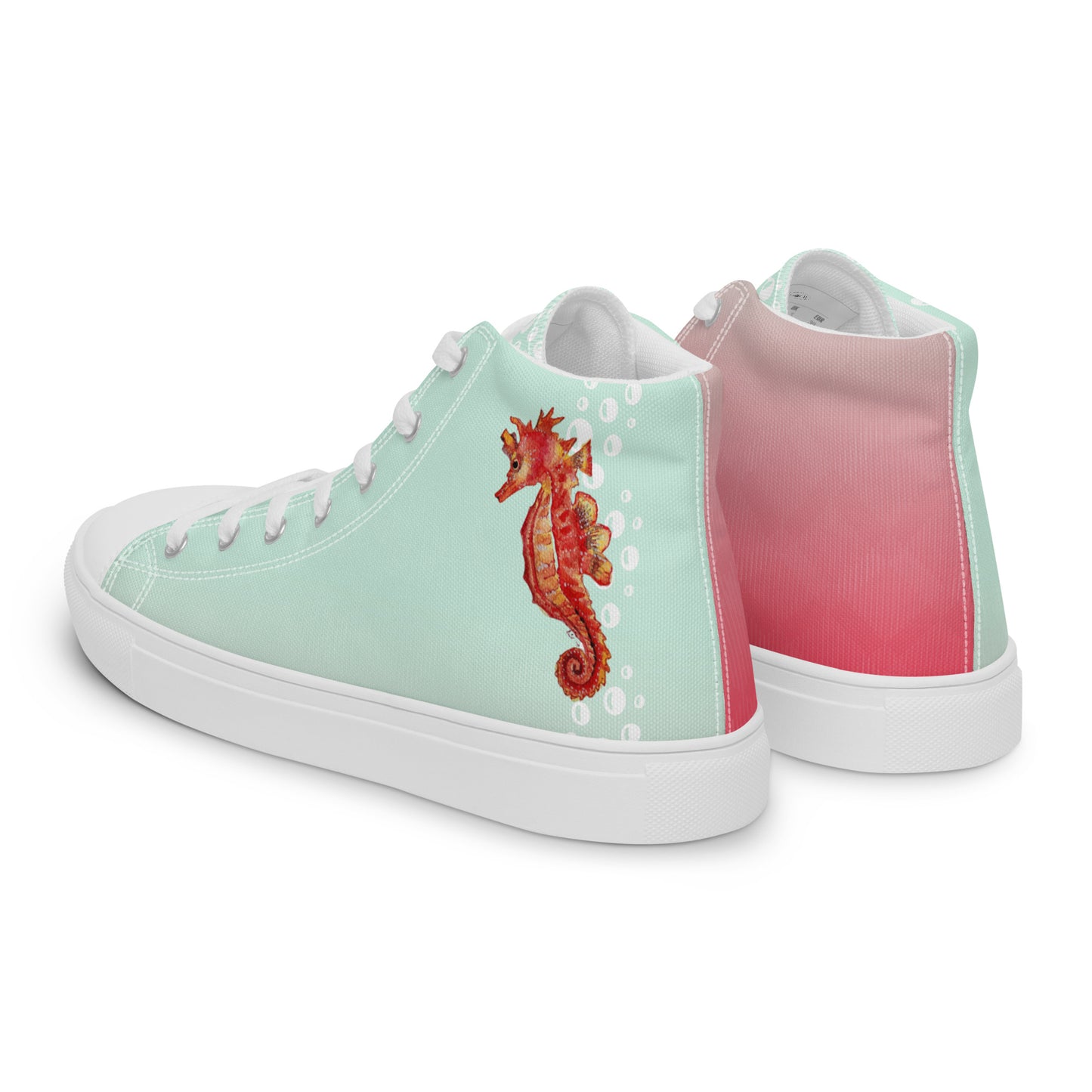 Women’s high top canvas shoes - hand painted watercolor seahorse designed sneakers - green/pink