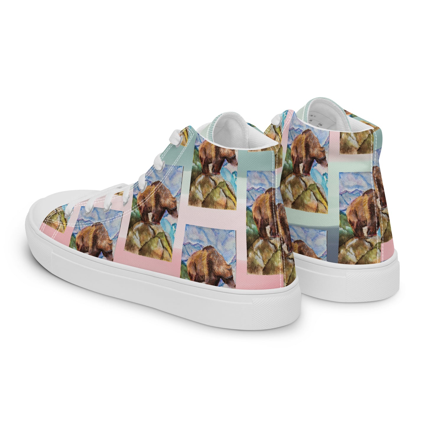 Women’s high top canvas shoes - watercolor painted grizzly bear design womens sneakers - pink/multi