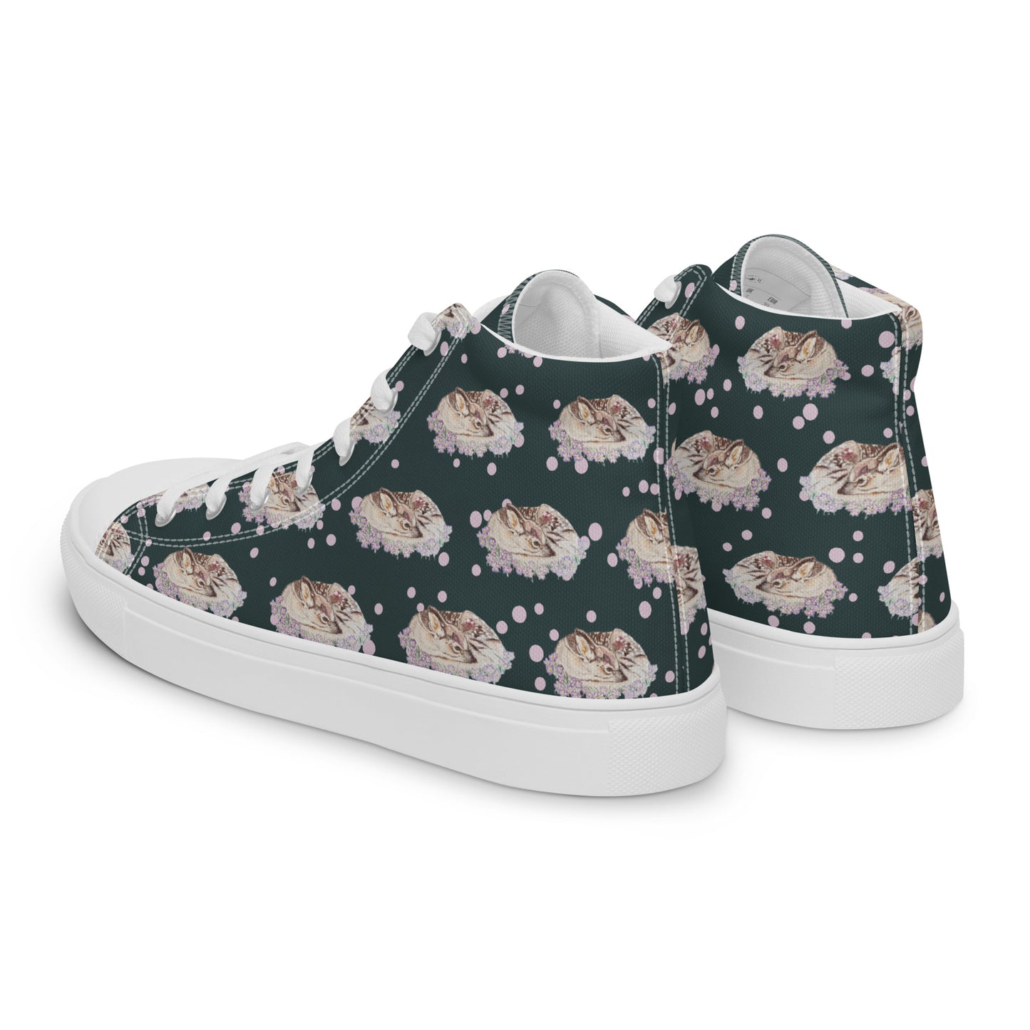 Women’s high top canvas shoes - hand drawn fawn all over print - dark blue green