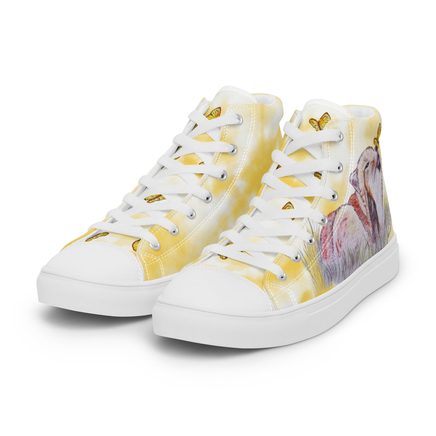 Women’s high top canvas shoes - custom hand drawn fox & butterfly design - yellow