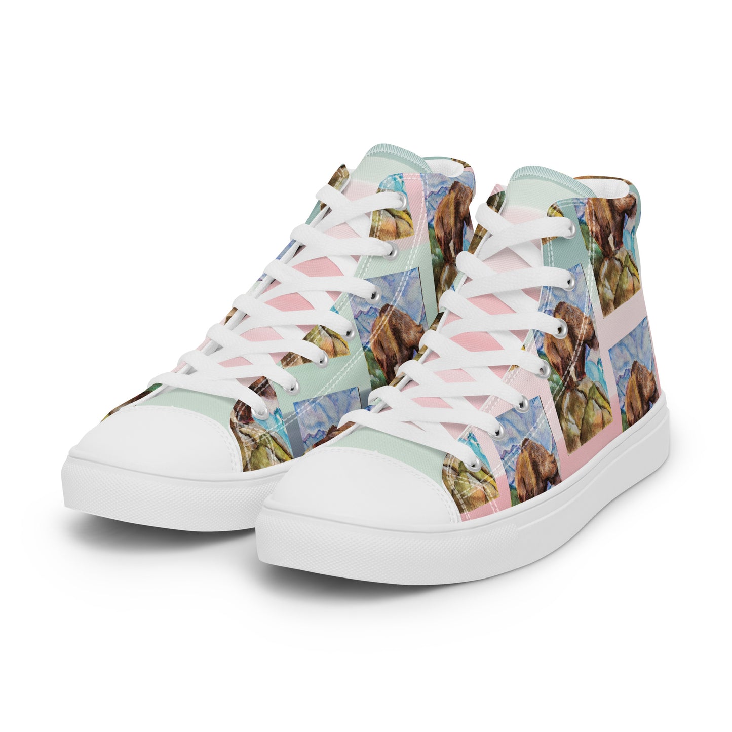 Women’s high top canvas shoes - watercolor painted grizzly bear design womens sneakers - pink/multi