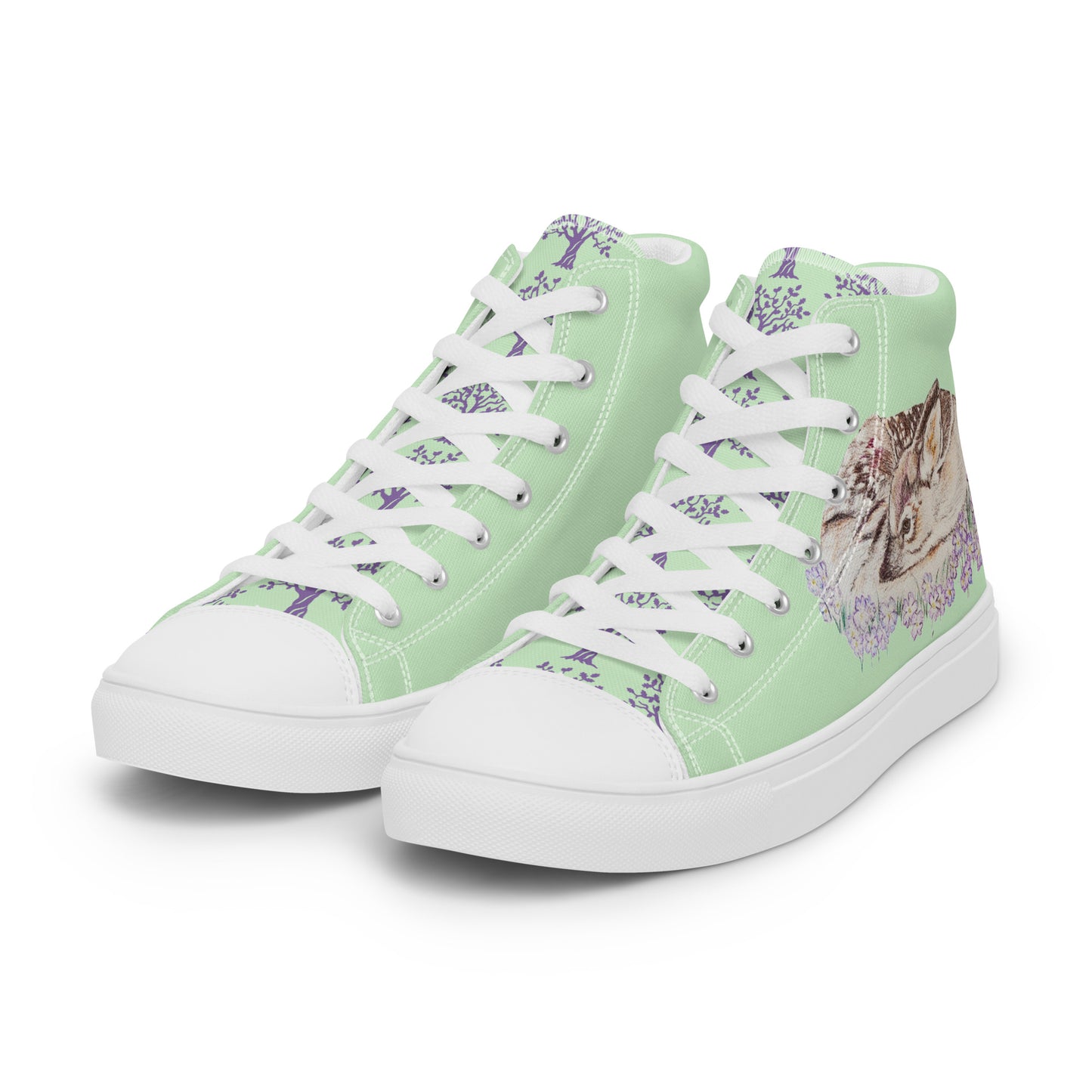 Women’s high top canvas shoes - hand drawn fawn design sneakers - green