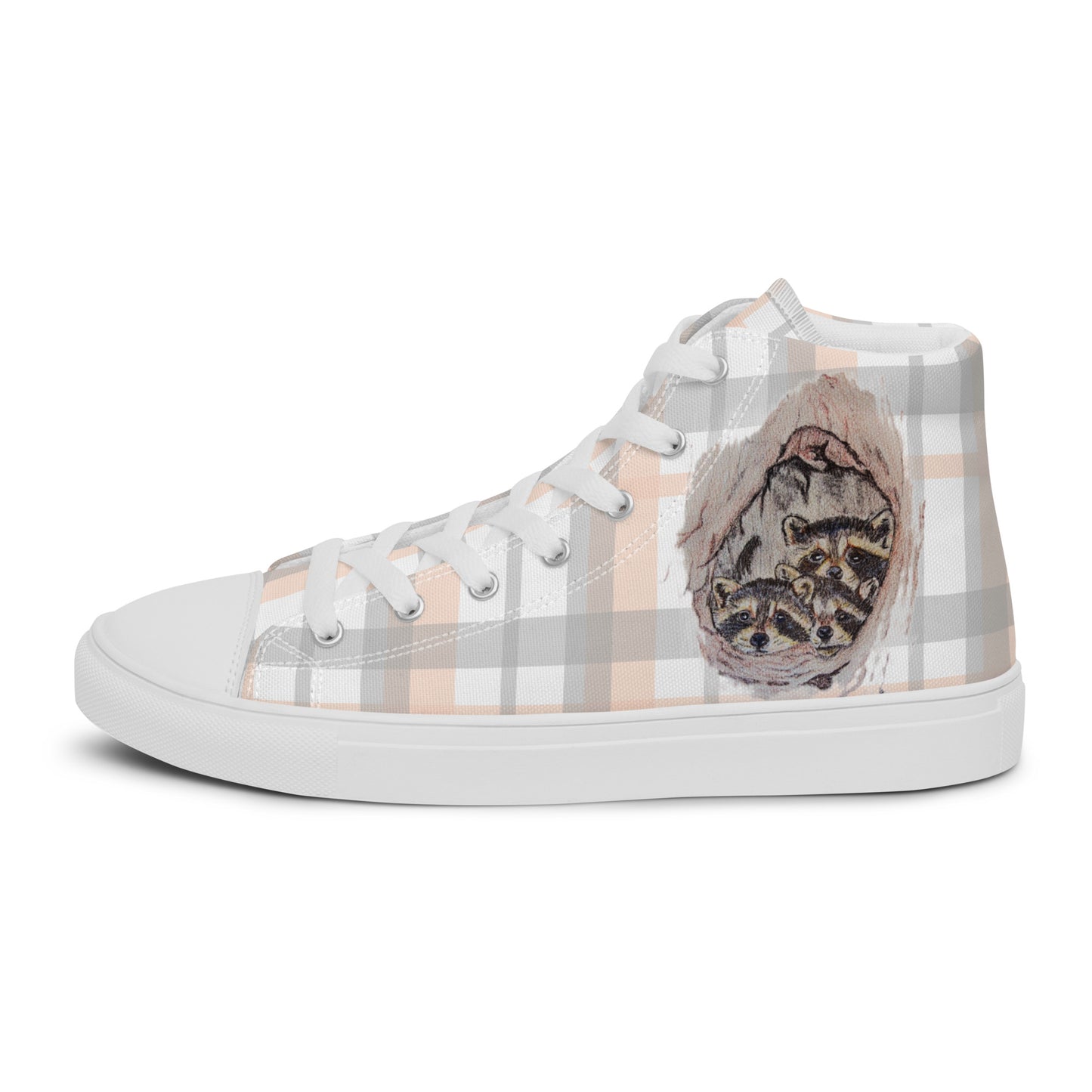 Women’s high top canvas shoes - custom hand drawn raccoon designed sneakers - plaid