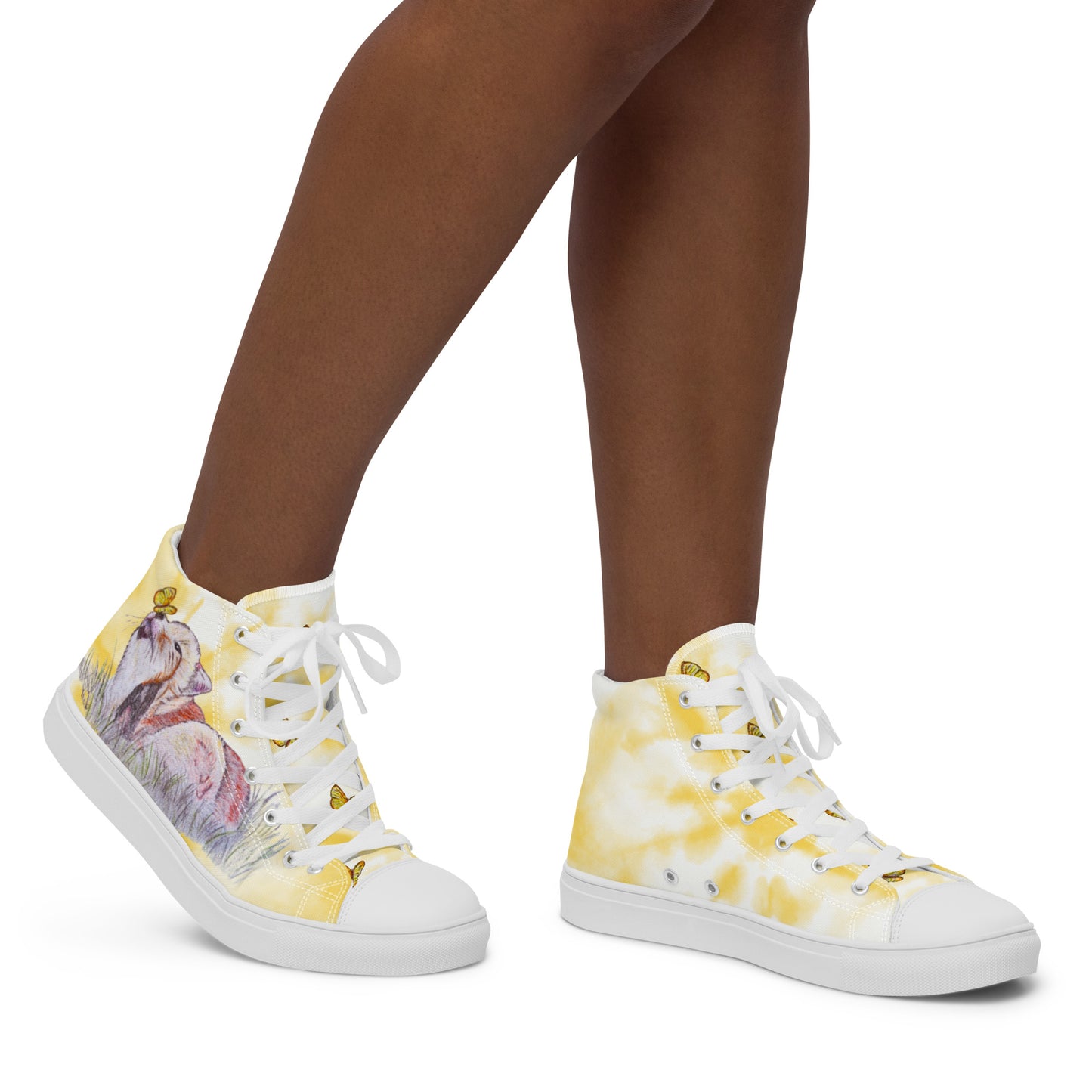 Women’s high top canvas shoes - custom hand drawn fox & butterfly design - yellow