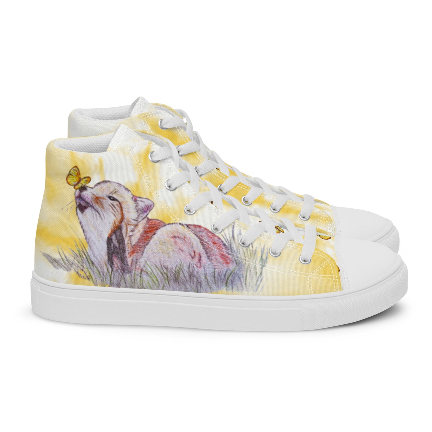 Women’s high top canvas shoes - custom hand drawn fox & butterfly design - yellow