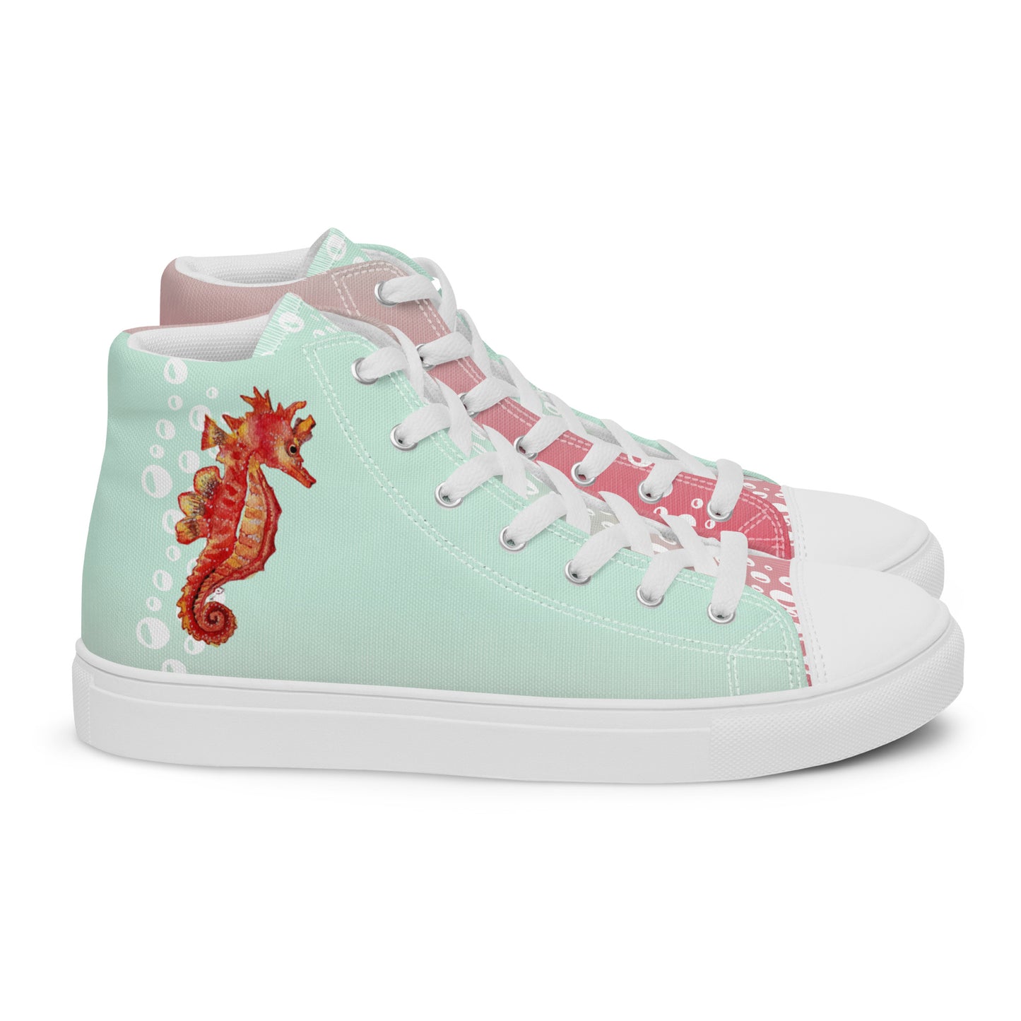 Women’s high top canvas shoes - hand painted watercolor seahorse designed sneakers - green/pink