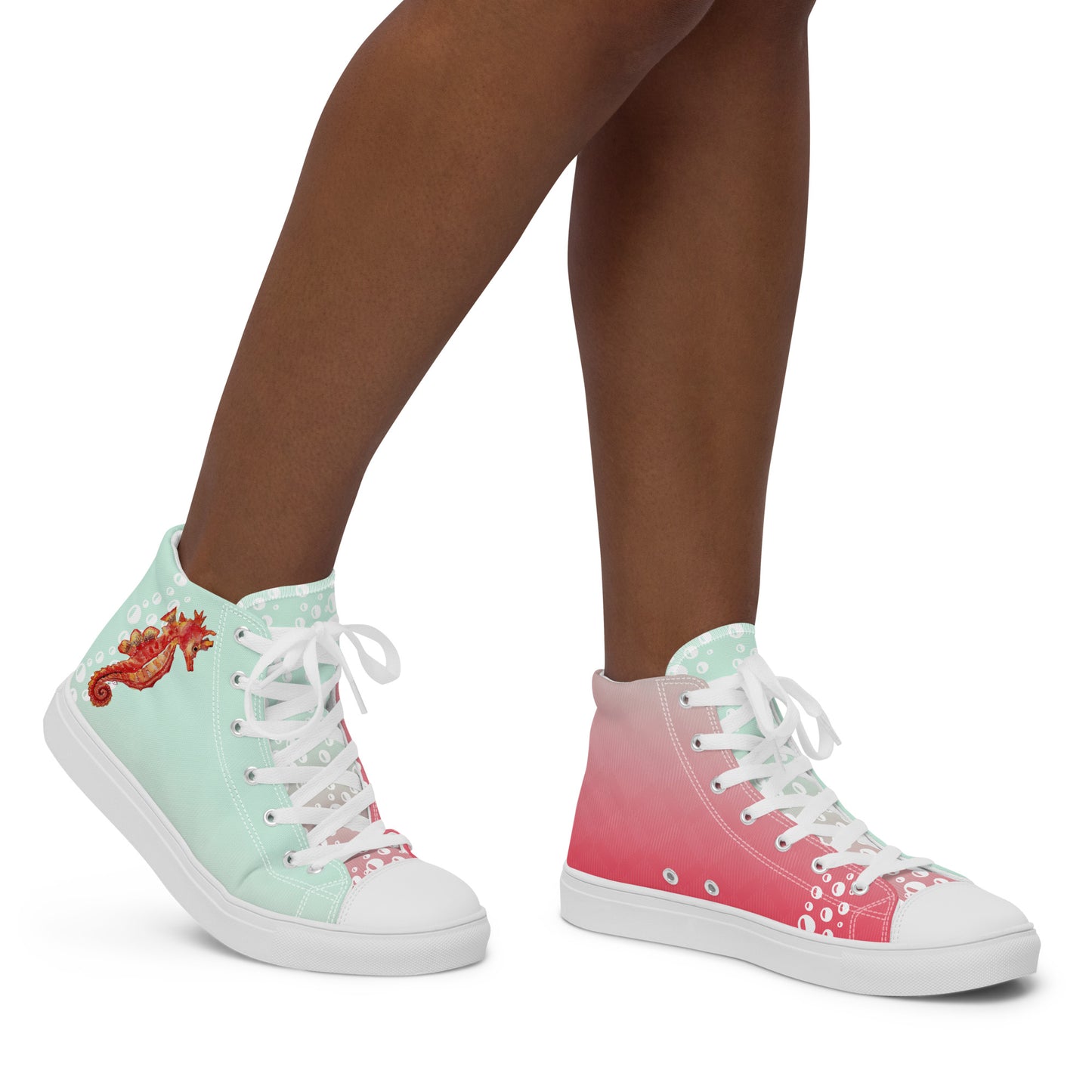 Women’s high top canvas shoes - hand painted watercolor seahorse designed sneakers - green/pink