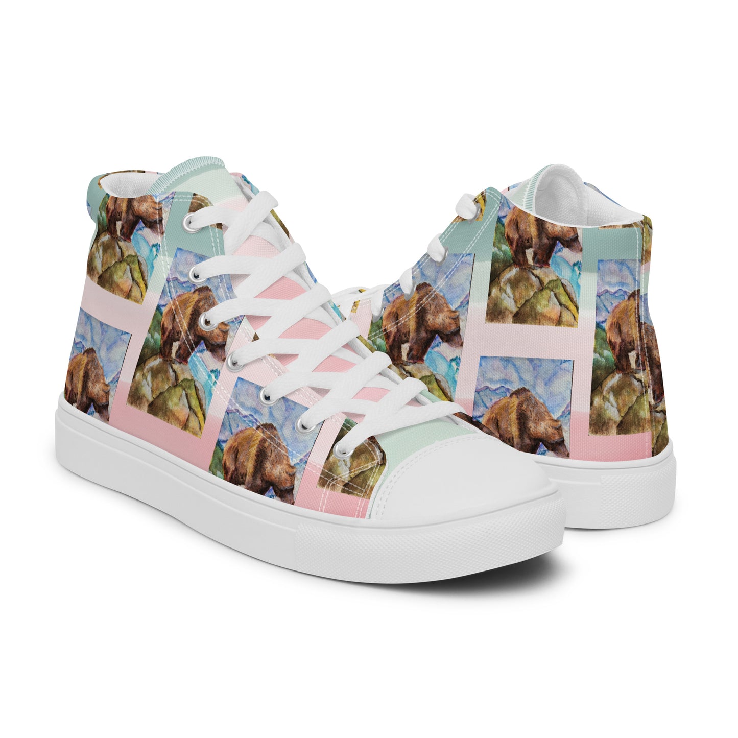 Women’s high top canvas shoes - watercolor painted grizzly bear design womens sneakers - pink/multi