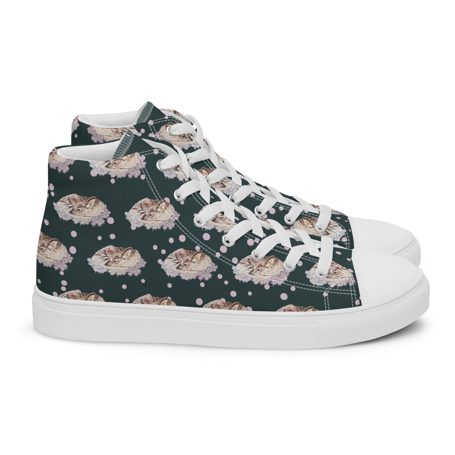 Women’s high top canvas shoes - hand drawn fawn all over print - dark blue green