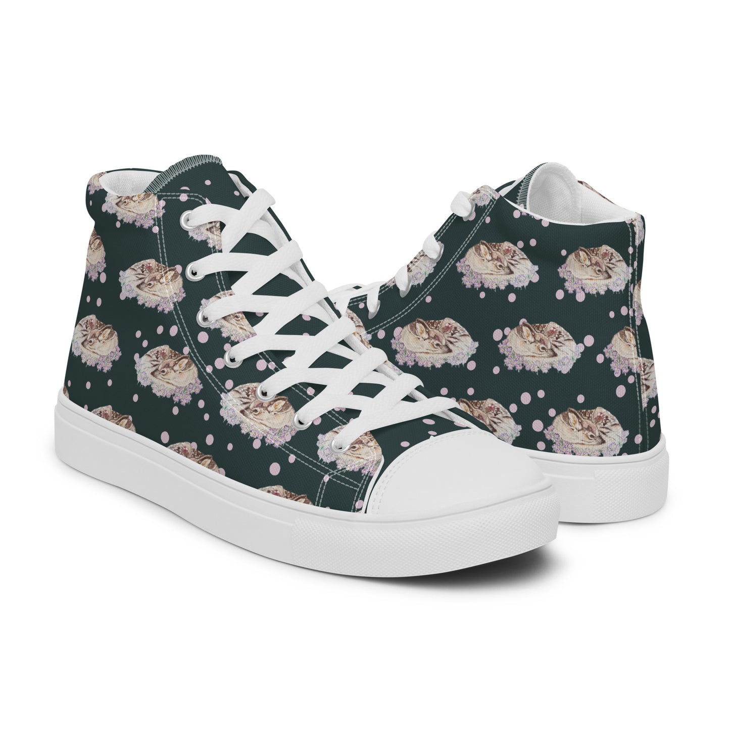 Women’s high top canvas shoes - hand drawn fawn all over print - dark blue green