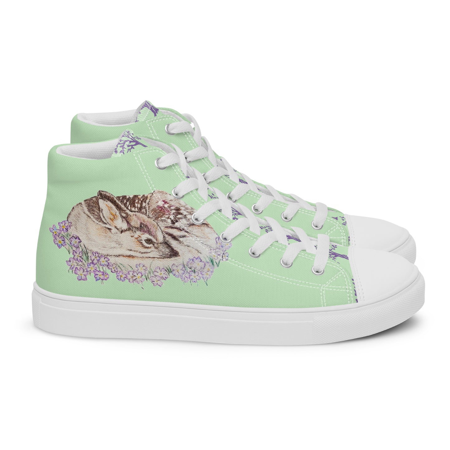 Women’s high top canvas shoes - hand drawn fawn design sneakers - green