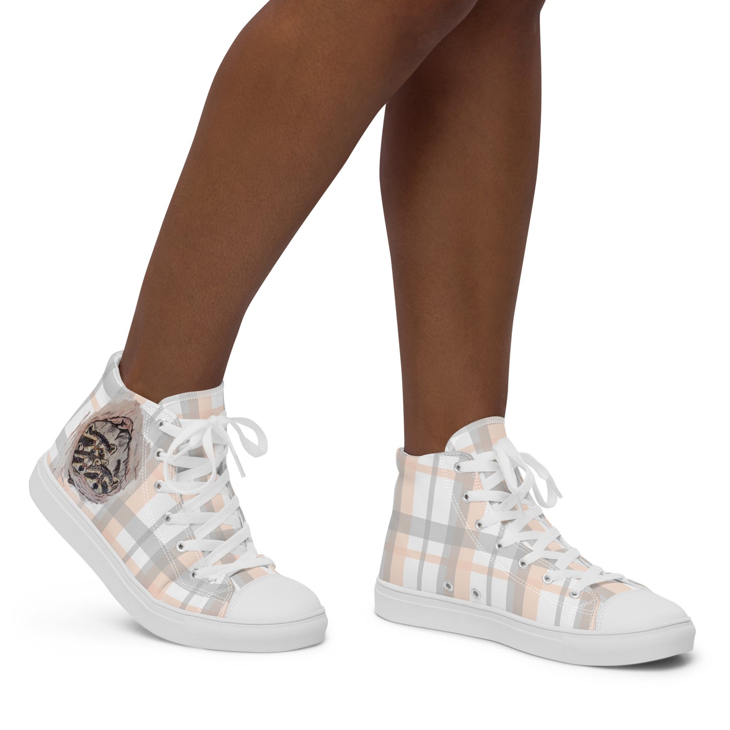 Women’s high top canvas shoes - custom hand drawn raccoon designed sneakers - plaid