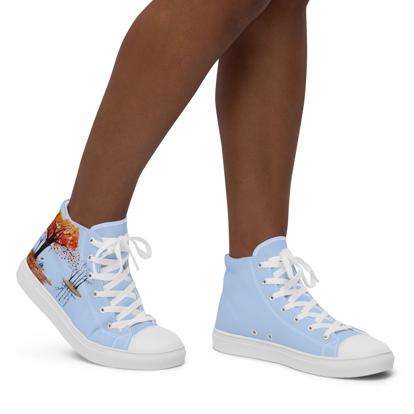 Women’s canvas shoes - watercolor autumn lake and reading girl designed high tops - blue