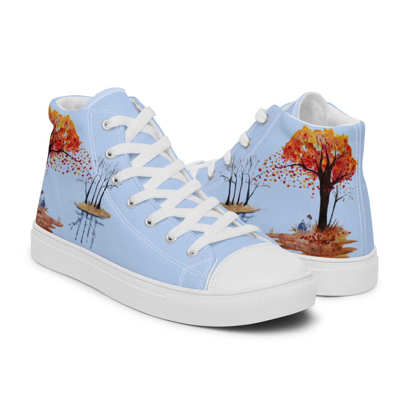 Women’s canvas shoes - watercolor autumn lake and reading girl designed high tops - blue