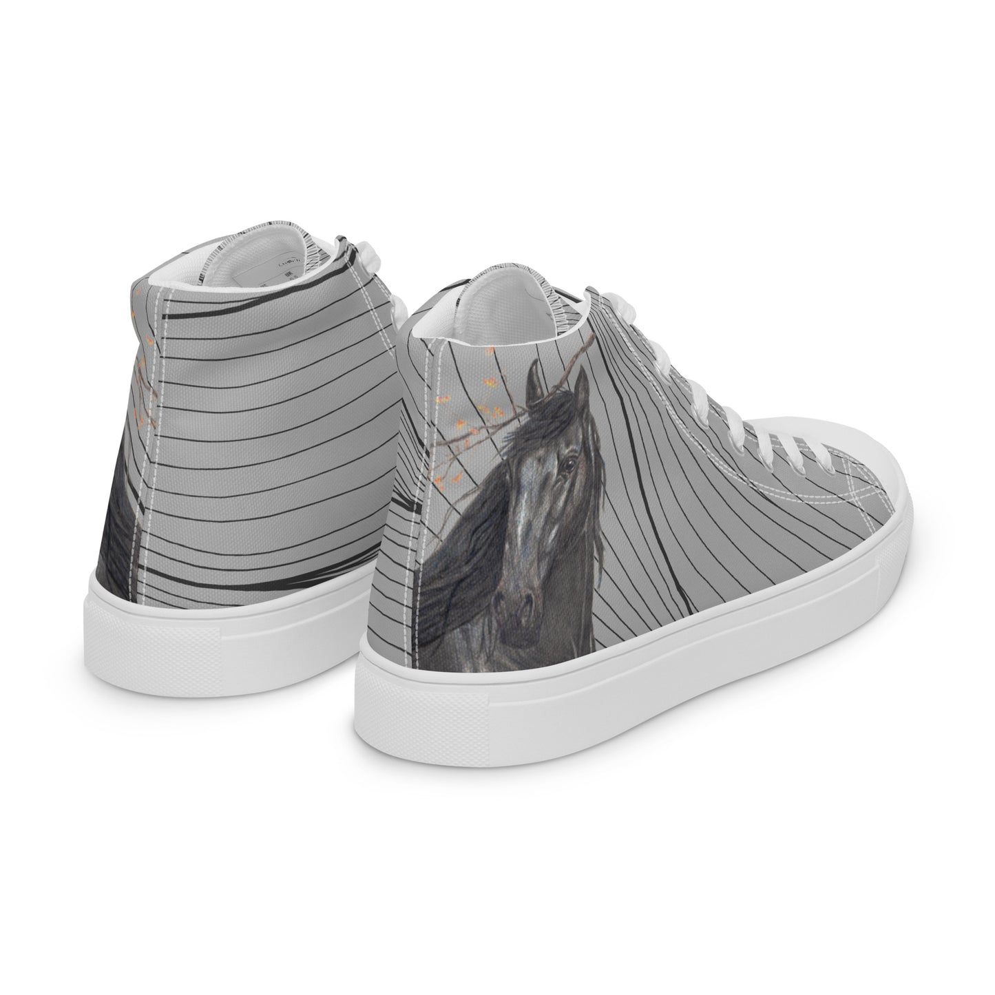 Women’s Horse High Top Canvas Shoes - Original hand-drawn Black Horse design lace up canvas sneakers - Gray