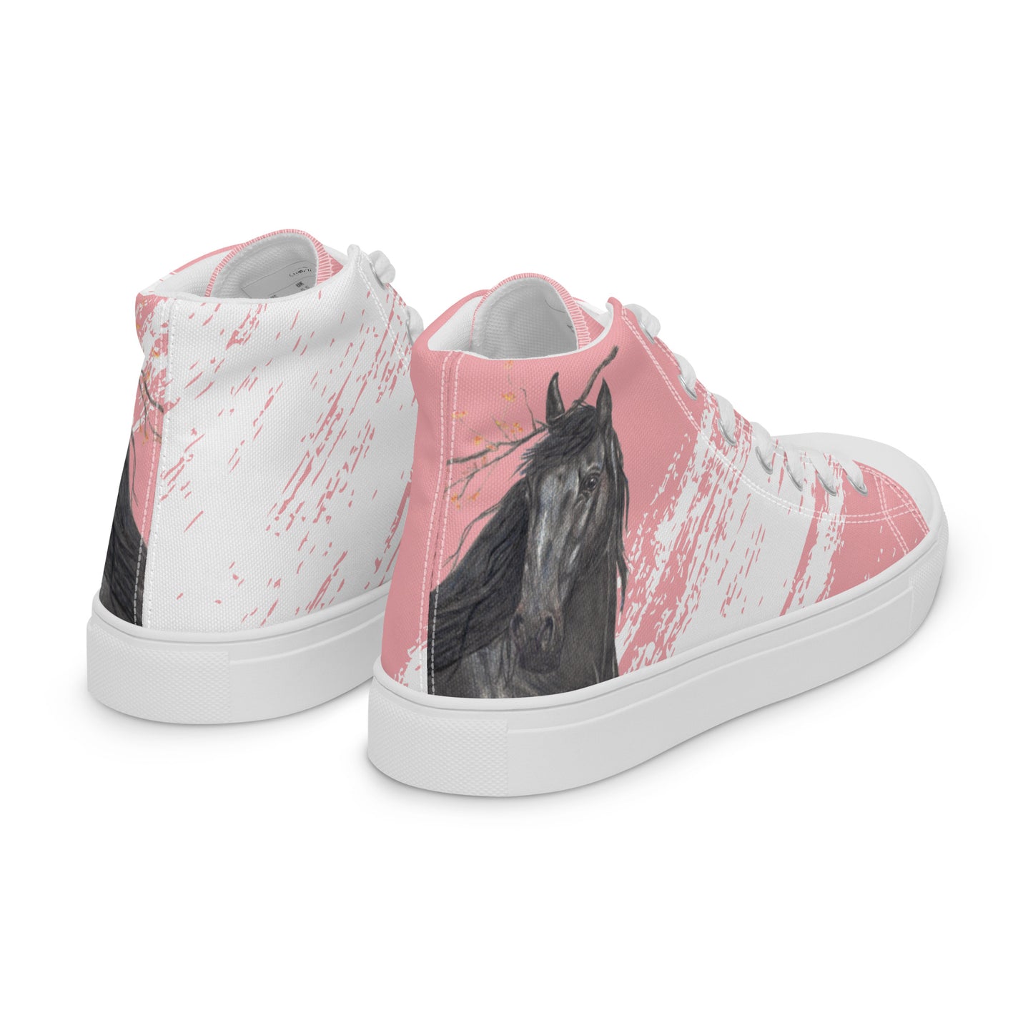 Women’s Horse High Top Canvas Shoes - Original hand-drawn Black Horse design lace up canvas sneakers - Pink