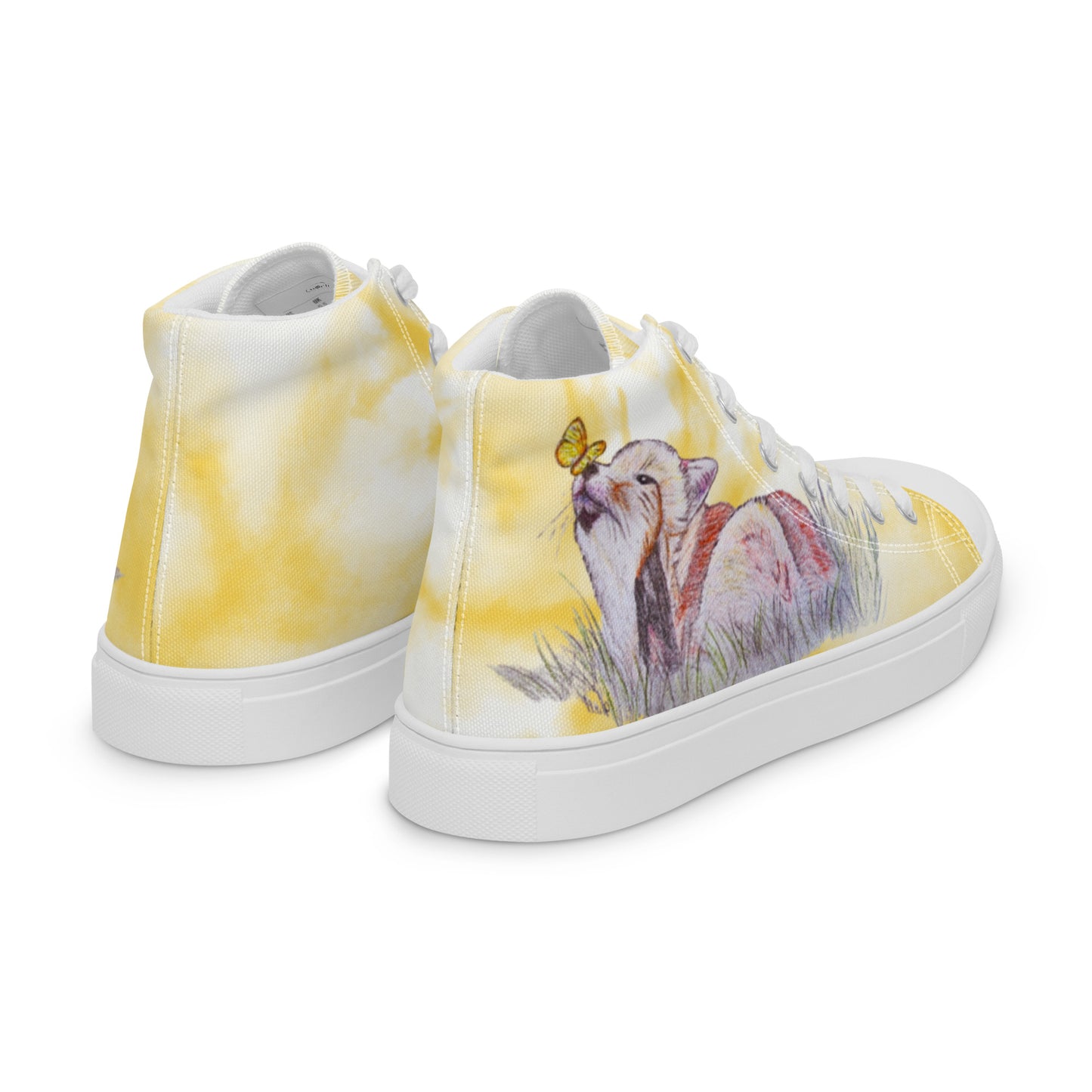 Women’s high top canvas shoes - custom hand drawn fox & butterfly design - yellow