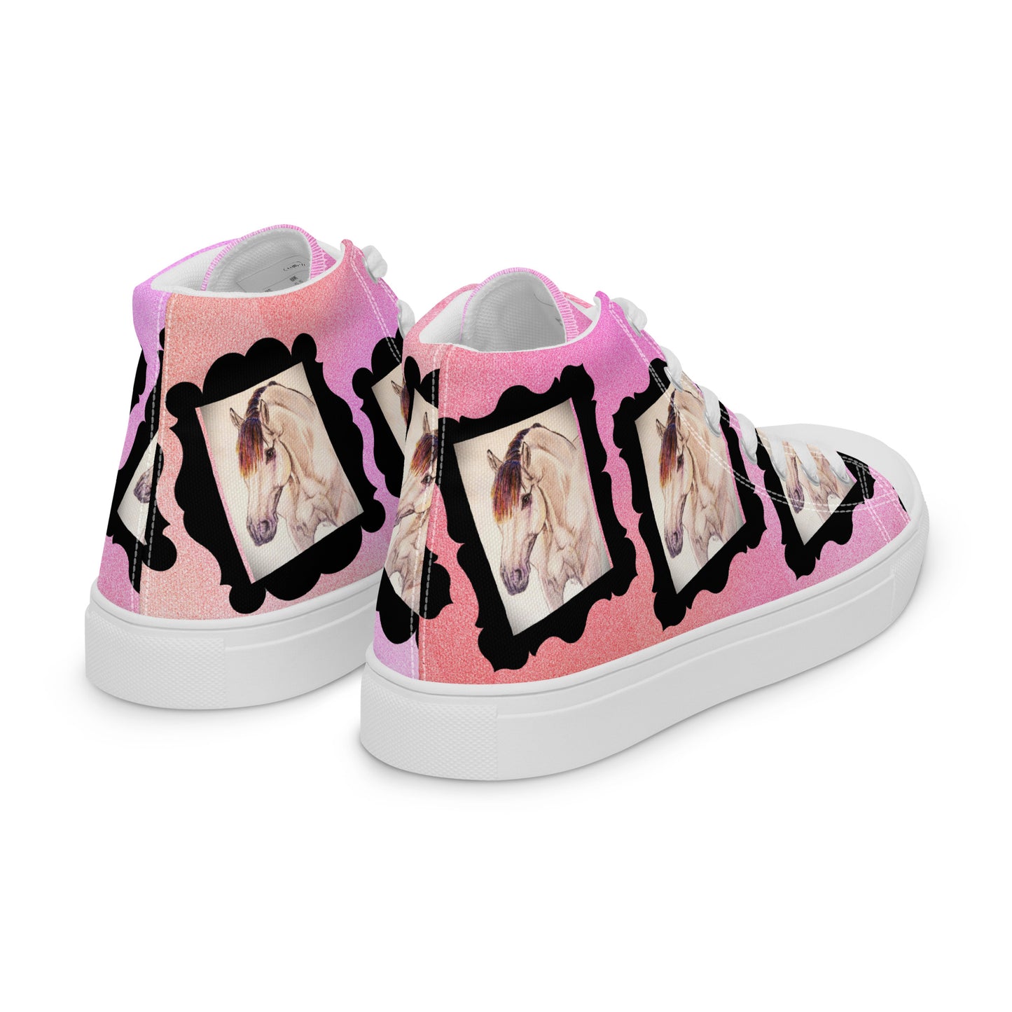 Women’s high top canvas shoes - custom original hand drawn buckskin horse design sneakers - pink