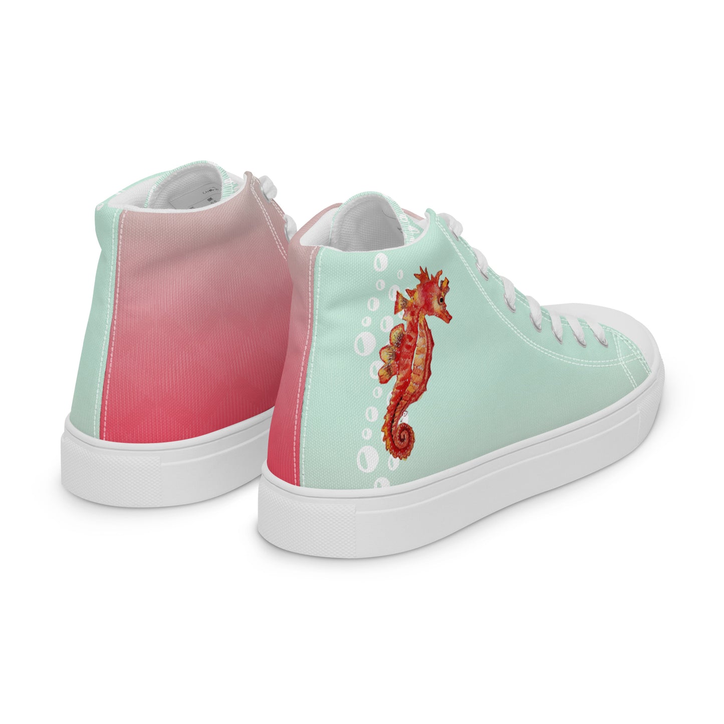 Women’s high top canvas shoes - hand painted watercolor seahorse designed sneakers - green/pink