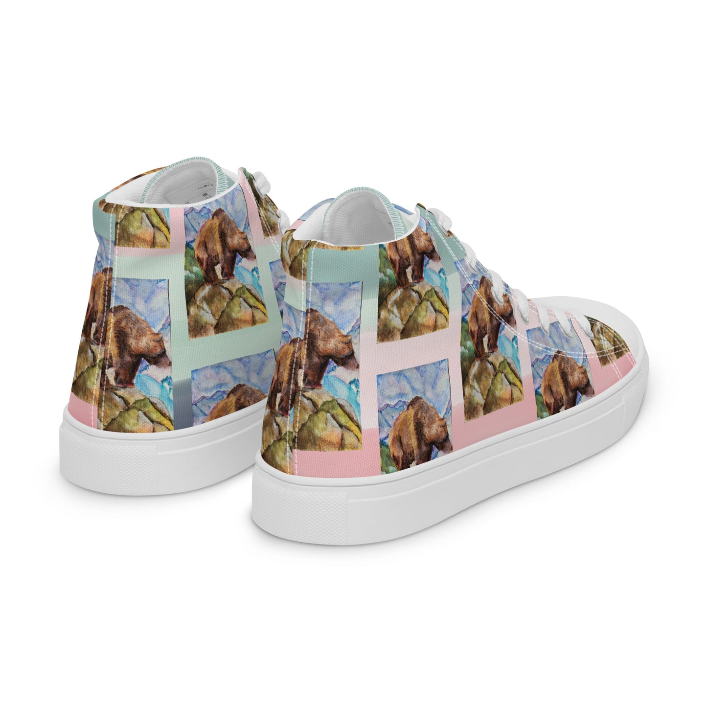 Women’s high top canvas shoes - watercolor painted grizzly bear design womens sneakers - pink/multi