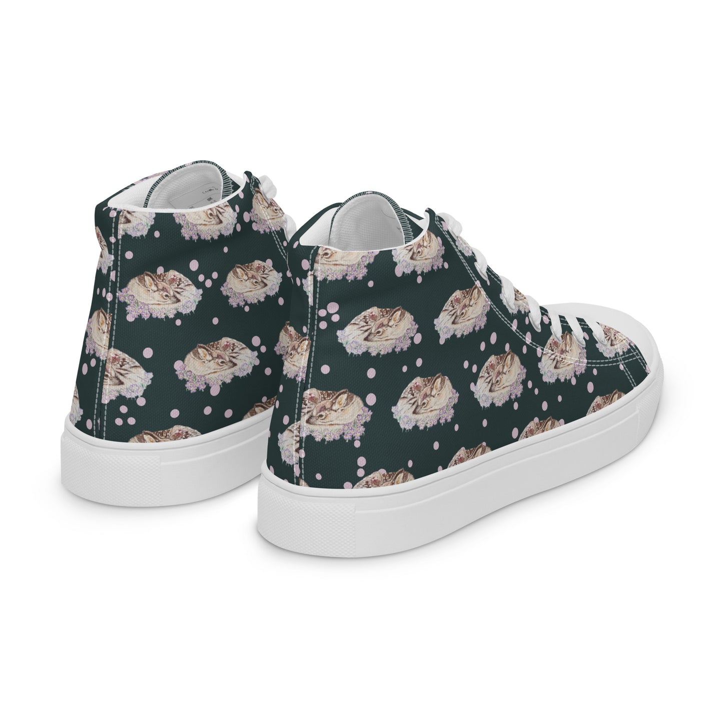 Women’s high top canvas shoes - hand drawn fawn all over print - dark blue green