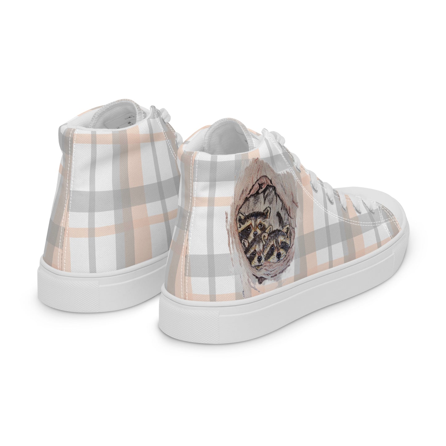 Women’s high top canvas shoes - custom hand drawn raccoon designed sneakers - plaid