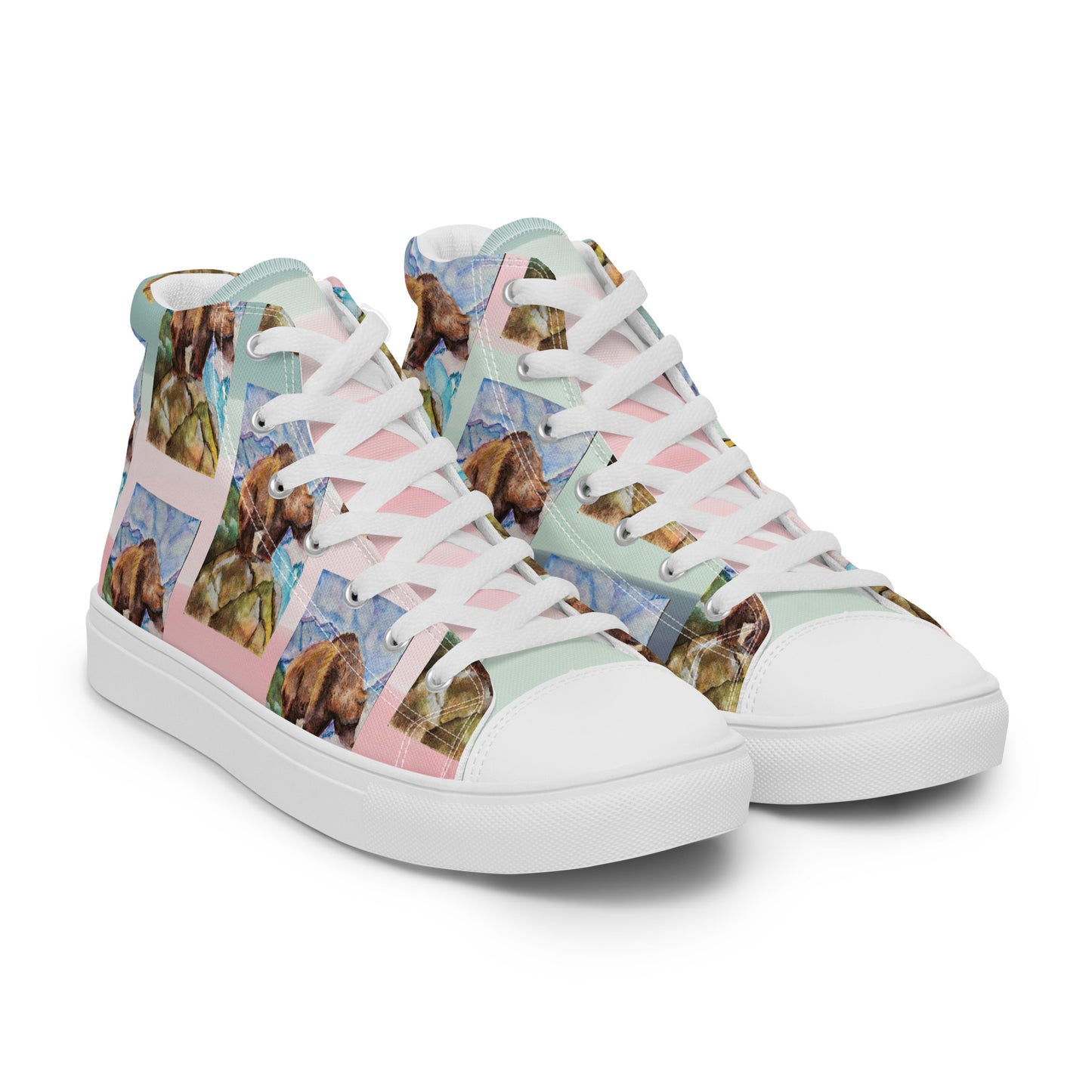 Women’s high top canvas shoes - watercolor painted grizzly bear design womens sneakers - pink/multi